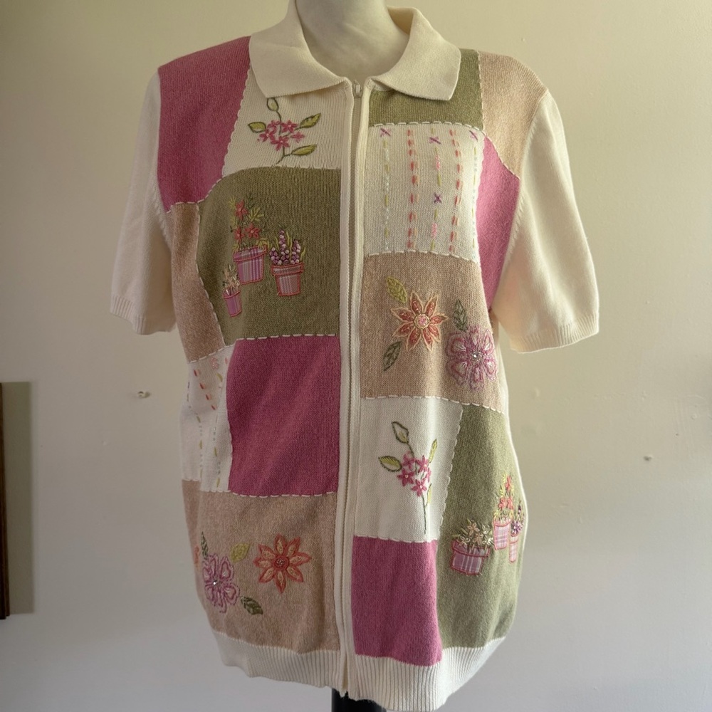 Alfred Dunner Cream Knit Short Sleeve Floral Patchwork Spring Cardigan